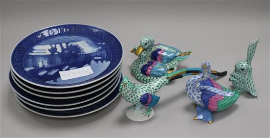 Four Herend scale pattern animal figures and six Royal Copenhagen Christmas plates